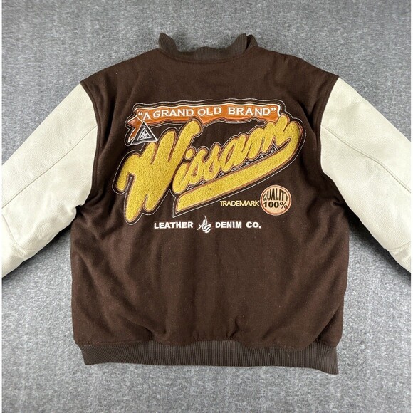Al Wissam Varsity Bomber Jacket Mens Sz XL Brown Wool Leather Logo 90s Vintage - Picture 2 of 9